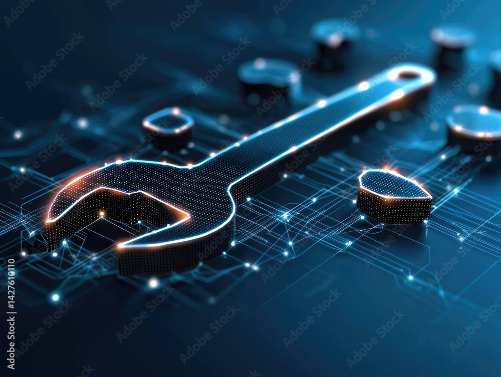 Aufkleber digital tool represented by glowing wrench, symbolizing technology and innovation, set against backdrop of interconnected circuits and nodes, evokes sense of modern engineering