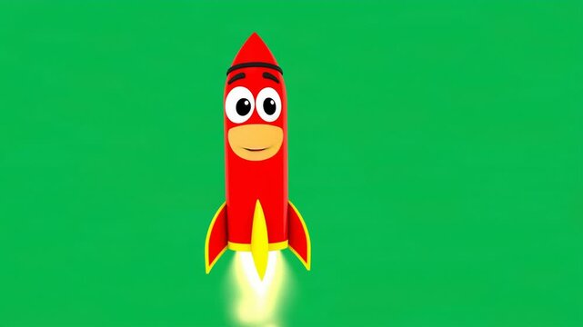 Ready for a fun adventure. A cheerful cartoon rocket with a big smile blasts off against a vibrant green background.