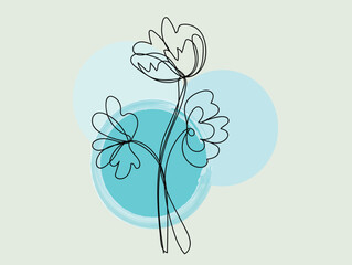 Abstract Line Art Floral Design with Teal Watercolor Circles