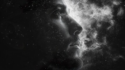 A monochromatic human face dissolves upward into delicate dust motes, merging with an otherworldly gradient sky of light and shadow HD 8K wallpaper Photographic Image