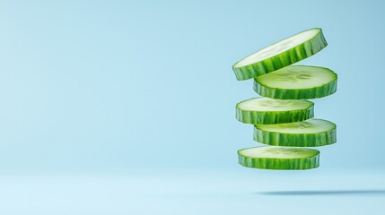 Fresh cucumber slices hover against a soft blue background, creating a vibrant and modern visual display of healthy eating and freshness.