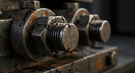 Heavy Machinery Fasteners With Visible Wear And Lubrication Close Up