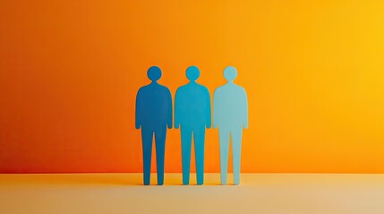 Teamwork Three Blue Figures on Orange Background.