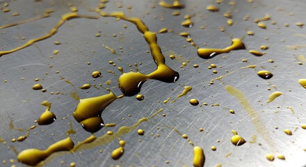 Olive Oil Splatter On A Stainless Steel Surface Creates An Abstract Pattern