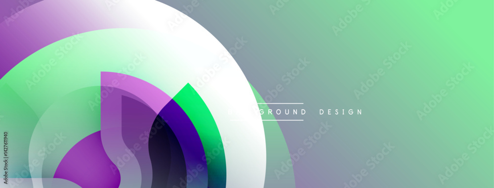 Leinwandbilder Abstract geometric composition. Overlapping circles create dynamic visual effect. Gradient colorspurple, green, whiteform modern background. Minimalist design suggests innovation, technology.