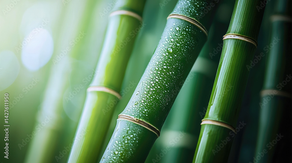 Poster close up of green bamboo stalks with water droplets, showcasing their vibrant color and texture, cre