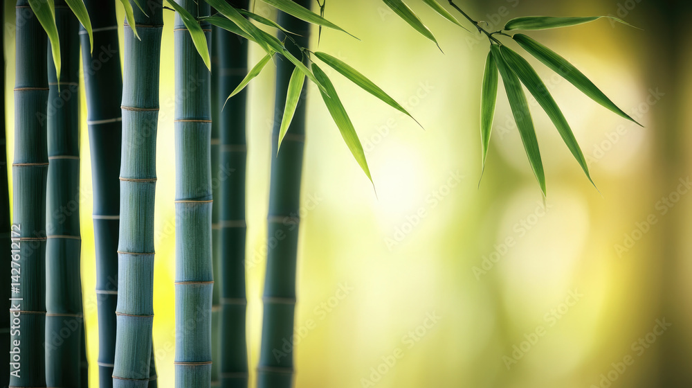 Poster close up view of green bamboo stalks with vibrant leaves, creating serene and calming atmosphere in 