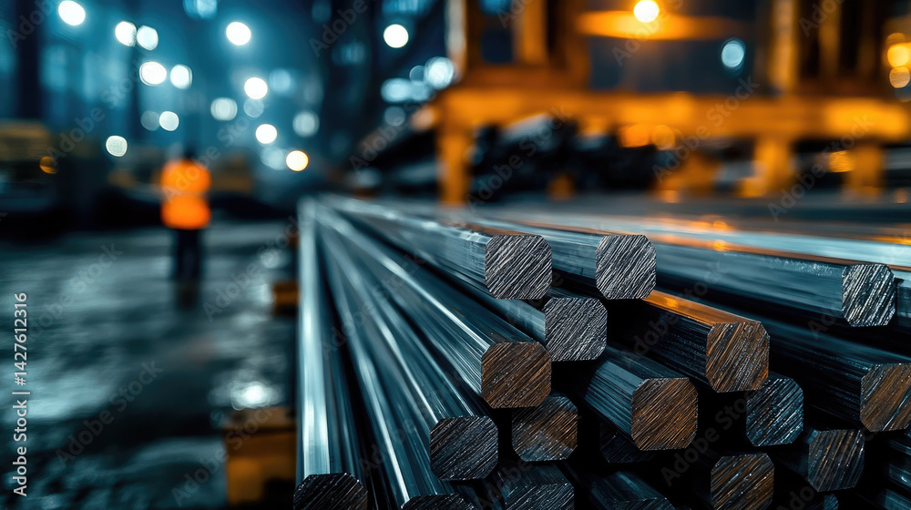 Aufkleber stack of metal rods is prominently displayed in dimly lit industrial setting, showcasing their shiny surfaces and hexagonal shapes. background features blurred lights, creating vibrant atmosphere