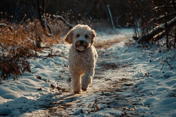 A cute Goldendoodle dog running in a park ,A smiling little puppy of a light brown poodle in a beautiful green meadow is happily running towards 