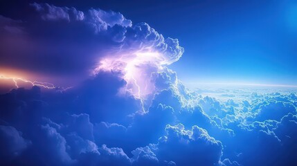 Vivid lightning striking through dark clouds at sunset, illuminating the sky in purple and blue shades for a stunning visual display.