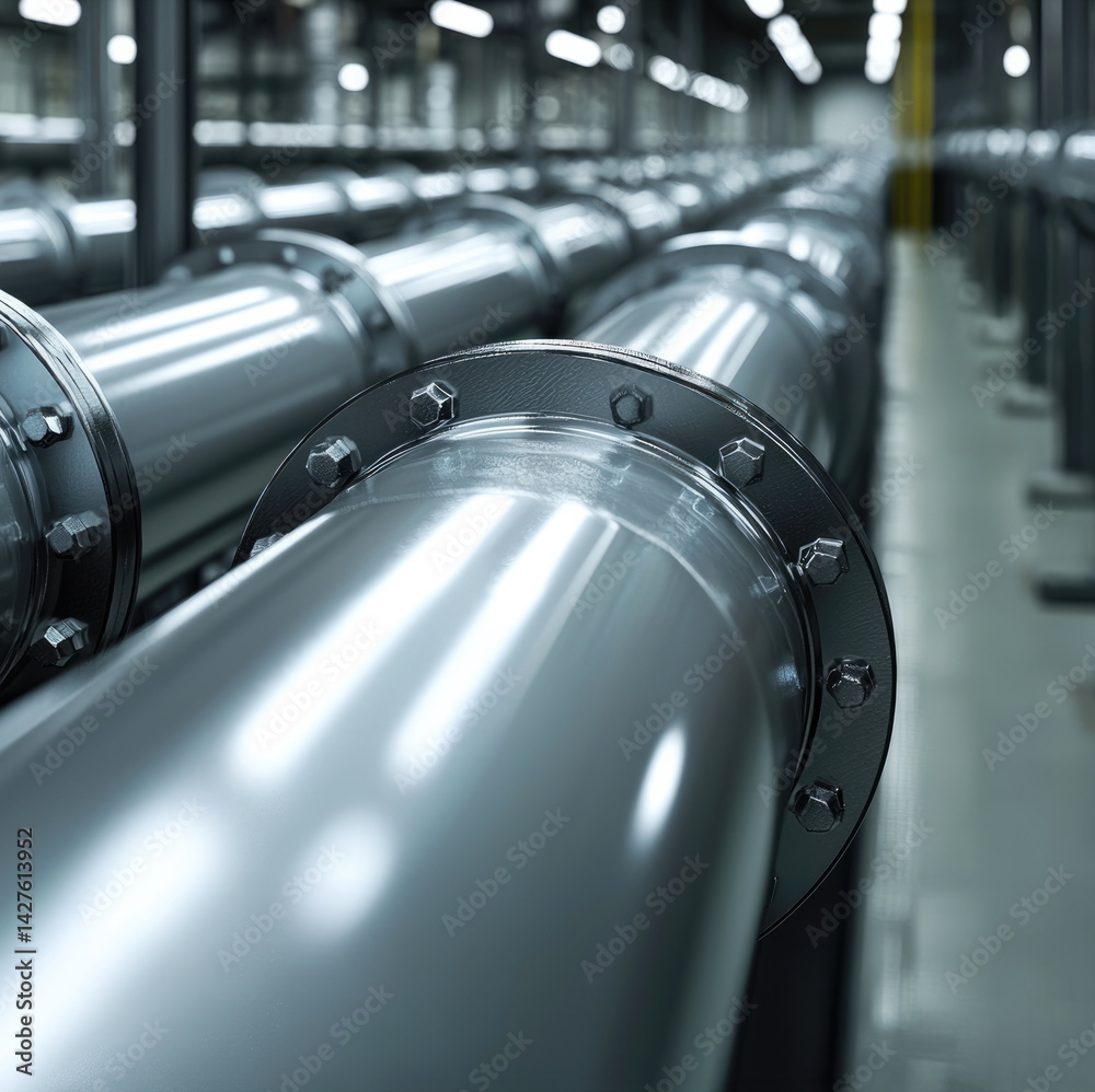 Poster industrial piping system features shiny, metallic pipes with flanges and bolts, arranged in spacious