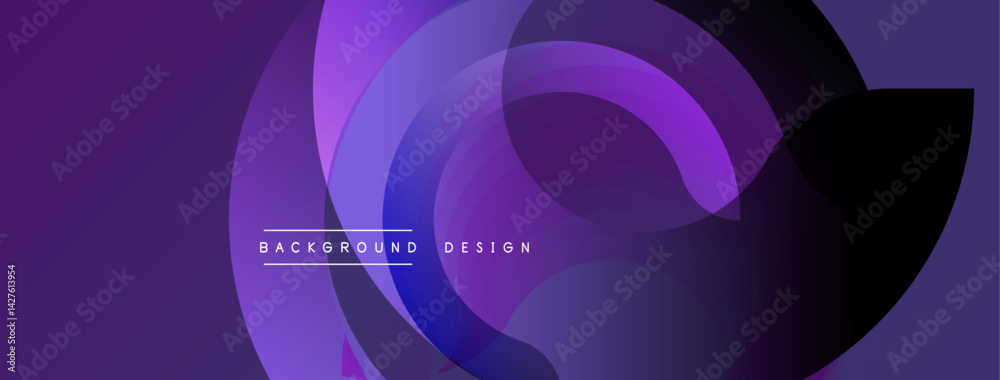 Poster Abstract purple design features overlapping translucent circles. Gradient shades create depth, modern aesthetic. Text reads background design. Minimalist composition, vibrant colors.