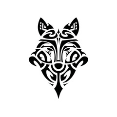 Fototapeta premium Stylized tribal wolf head design in black ink, concept for tattoo art, logo, or branding