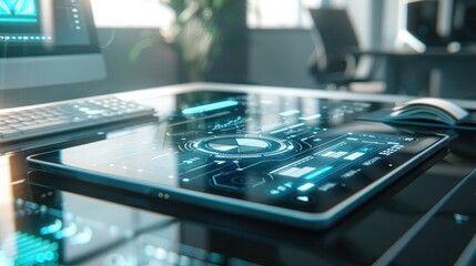 Close up of a tablet with a futuristic interface on a desk with a keyboard and computer monitor