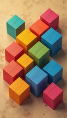 Obraz premium Abstract geometric rainbow colored 3D wooden square cube pattern on a long panoramic wall texture, perfect for vibrant wallpaper, modern interior art, or creative banner design