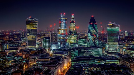 Obraz premium Stunning Night View of Modern City Skyline with Bright Lights and Unique Architecture