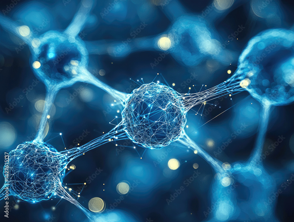 Poster Molecular structure blue digital abstract science technology network connection glowing futuristic