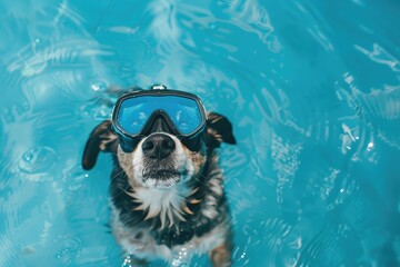Golden Retriever dog in water surfing goggles swim in the sea ,Cheerful dog wearing diving goggles on a turquoise background