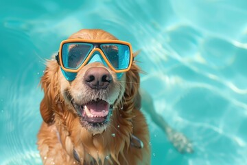 Golden Retriever dog in water surfing goggles swim in the sea ,Cheerful dog wearing diving goggles on a turquoise background