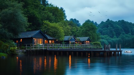 Fototapeta premium Serene Lakeside Cabins Under Twilight Sky with Reflections on Water