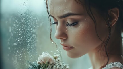 A thoughtful woman gazes outside in the rain, holding a delicate flower bouquet by the window. Reflection captures a serene moment.