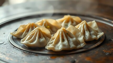 A hazy image of gyoza on a cast bronze surface, soft dreamy atmosphere, antique patina finish, soft light