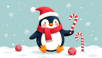 Happy penguin wearing a red scarf and Santa hat, holding a tiny snowball, surrounded by candy canes and snowflakes on pastel blue background. Winter holiday character illustration