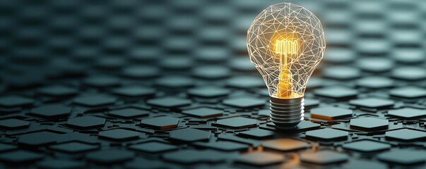 Polygon lightbulb with blockchain business idea concept. A glowing light bulb on a textured surface, symbolizing innovation.