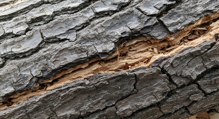 Close Up Of Rough Tree Bark With Fissures And Exposed Grain