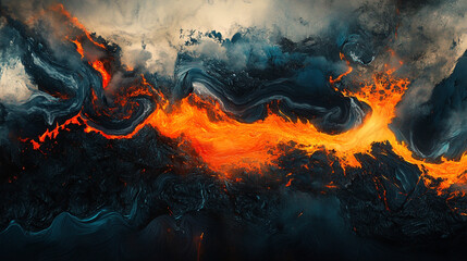 This piece features a striking visual texture that looks similar to molten lava, Fiery orange-black lava cascades across rugged terrain, abstract black fire texture on a dark background.