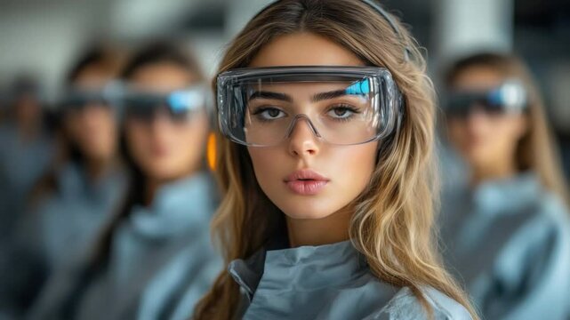Vision of Tomorrow: A visionary woman wearing futuristic safety glasses in a modern tech environment, embodying innovation, technology, and a glimpse into the future. 