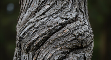 Fototapeta premium Close Up of Twisted Tree Trunk with Deeply Furrowed Bark Texture