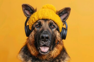 A German Shepherd with one ear flipped inside out on a bright yellow background, showcasing its black-and-tan coat and intelligent brown eyes in a goofy pose