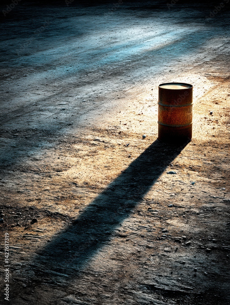 Aufkleber minimal barrel silhouette casting a long shadow on the textured ground in an industrial setting unde