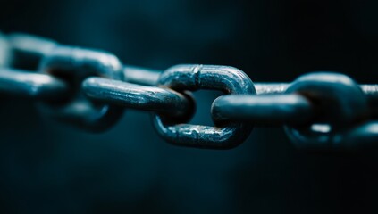 Close-up of a metal chain.  A section of heavy-duty chain links. Dark, muted tones emphasize the texture and form