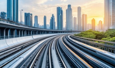 Obraz premium City skyline sunrise, elevated train tracks curving through urban landscape