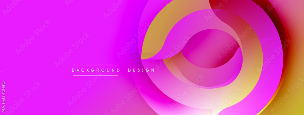Poster Vibrant abstract background features layered circular shapes. Pink, yellow, red hues blend smoothly creating dynamic visual effect. Modern design element.