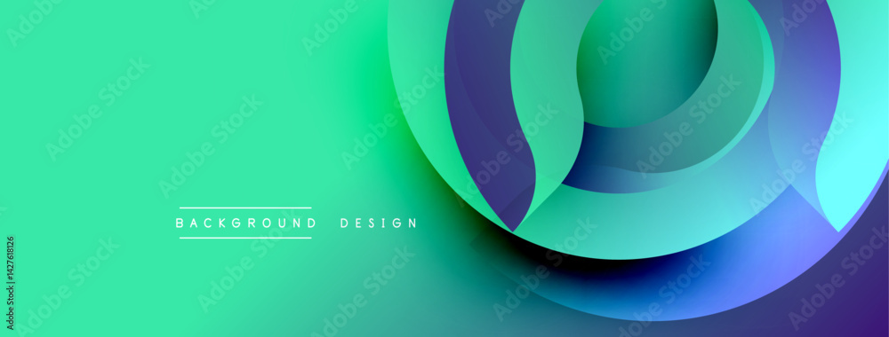 Fototapete Abstract background features overlapping circular layers. Gradient transitions blend turquoise, purple, green hues. Modern design evokes fluidity, dynamism, visual interest. Minimalist aesthetic.