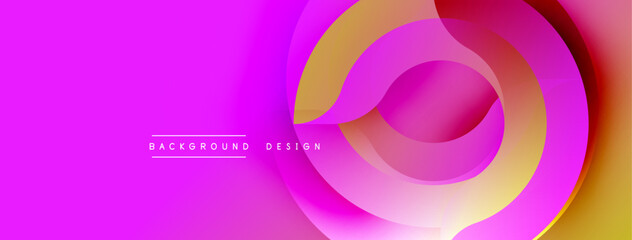 Vibrant abstract background features layered circular shapes. Pink, yellow, red hues blend smoothly creating dynamic visual effect. Modern design element.