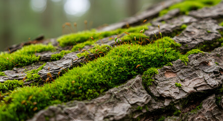 Lush Green Moss Growing Profusely on Tree Bark in a Peaceful Forest Setting