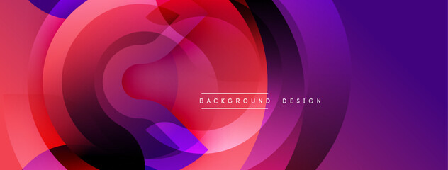 Abstract background features overlapping circular layers. Vibrant reds, purples, pinks blend creating dynamic visual effect. Modern design suitable for digital projects.