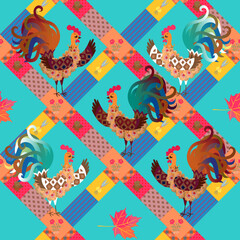 Obraz premium Cute funny roosters stand on colorful perches. Seamless patchwork pattern, animal print for fabric.