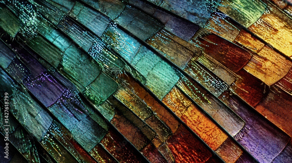 Aufkleber Close-up View of Butterfly Wing Pattern Showcasing Iridescent Scales With Vibrant Colors and Intricate Textures