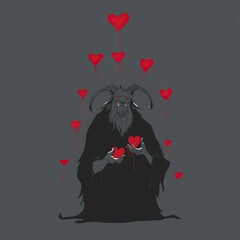 Dark sorcerer holds bleeding hearts surrounded by floating crimson symbols