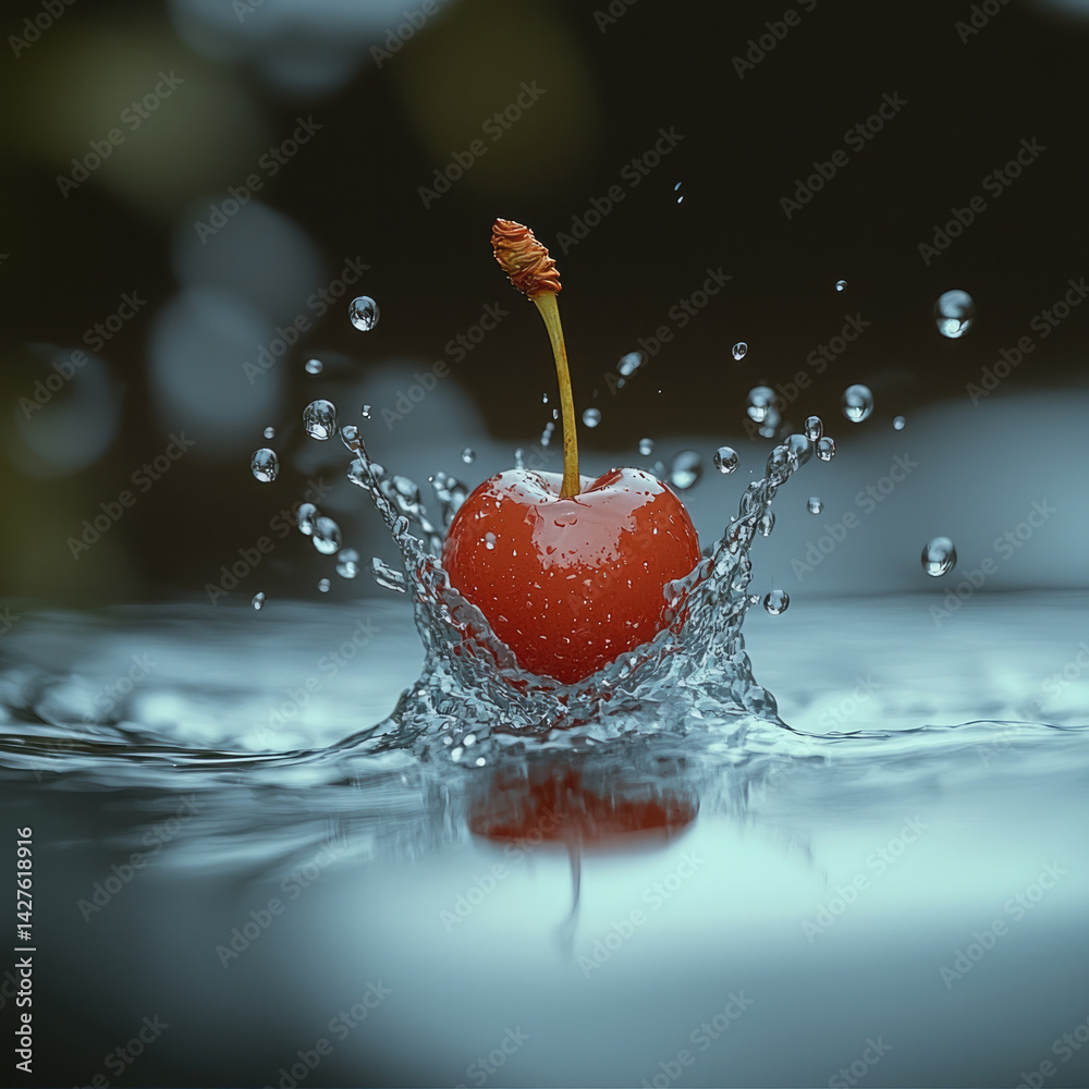 Poster vibrant cherry splashes into clear water, creating dynamic droplets that dance around it. scene capt
