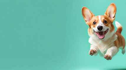 A cheerful anime-style corgi dog leaps playfully against a vibrant teal background offe ample copy space perfect for text or design elements adding a fun and energetic touch to