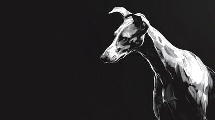 A sleek whippet dog, rendered in elegant black and white anime style, poses gracefully against a dark background leaving ample copy space for text or design elements.