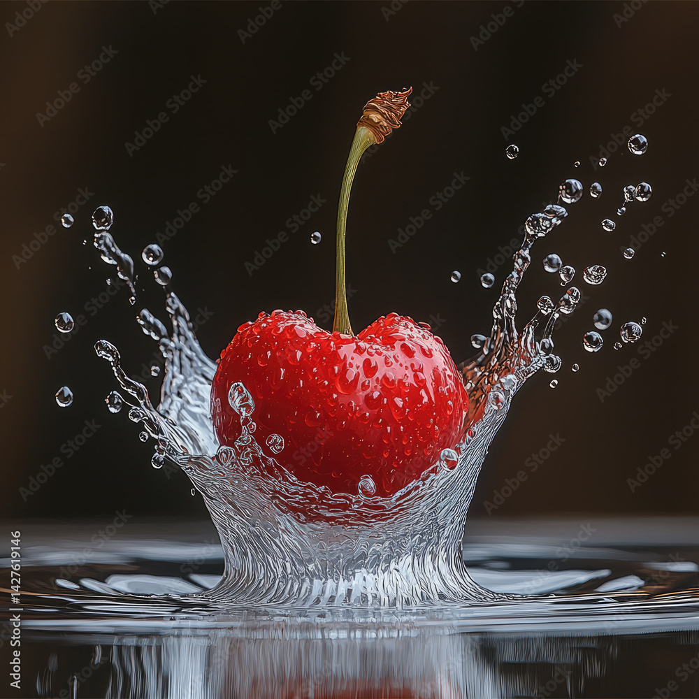 Poster vibrant cherry splashes into water, creating dynamic droplets and ripples. vivid red color contrasts