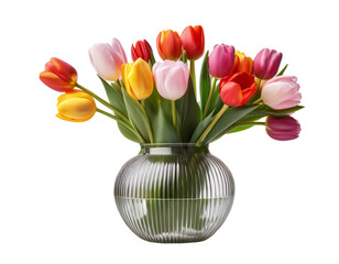Tulips in vases isolated on transparent background, high quality photo