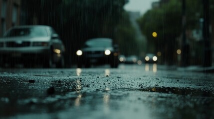 Close-up of heavy rain hitting the ground surface with blurred background, capturing the intensity and motion of raindrops during a downpour in a moody and atmospheric scene.